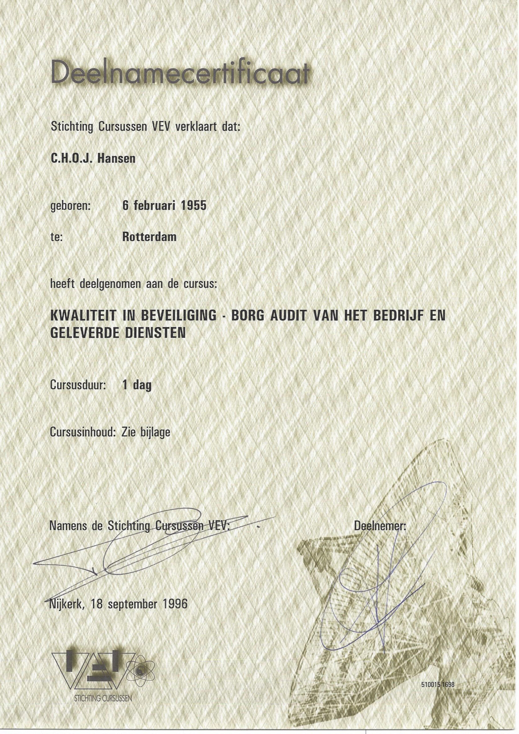 1996 - VEV - Kwaliteit en beveiliging, borg audit v.h
