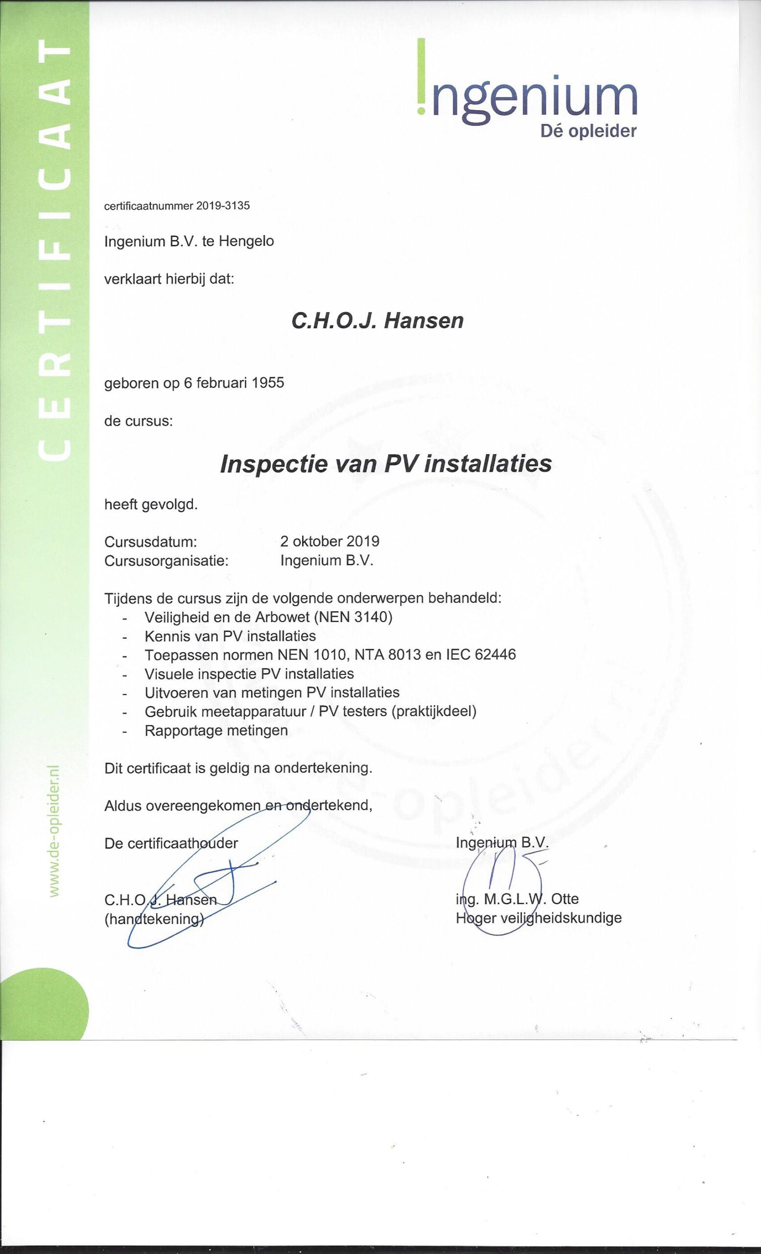2019, Ingenium - certificaat pv inspecties